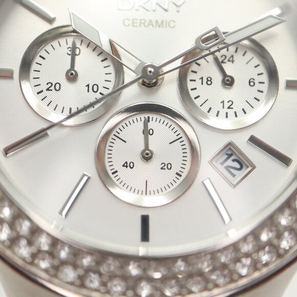 DKNY Broadway White Ceramic Chronograph Watch 43mm Silver Date w New Battery - Picture 8 of 14